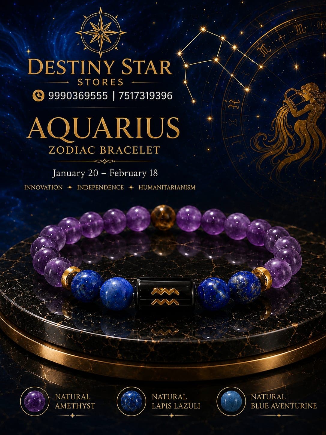 Aquarius Zodiac Bracelet – Amethyst, Lapis and Blue Aventurine By Destiny Star Stores