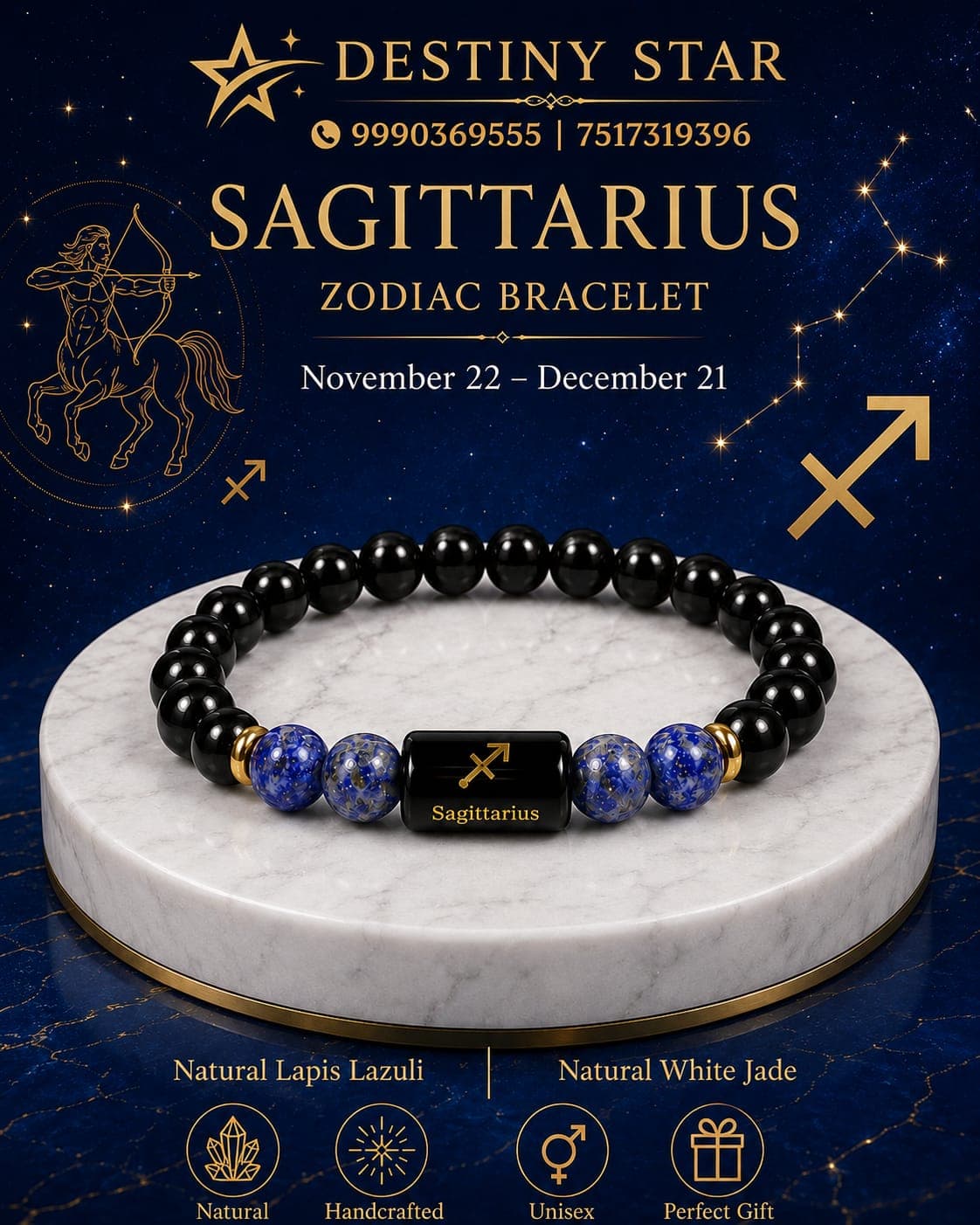 Sagittarius Zodiac Bracelet – Lapis Lazuli and White Jade By Destiny Star Stores