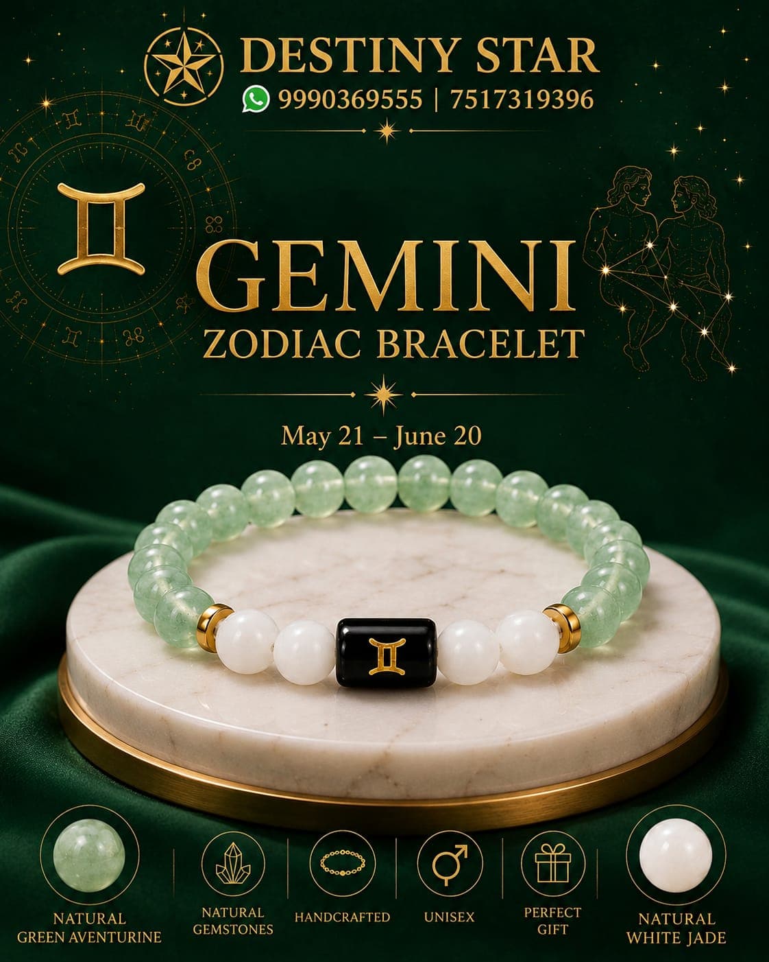 Gemini Zodiac Bracelet – Green Aventurine and White Jade By Destiny Star Stores