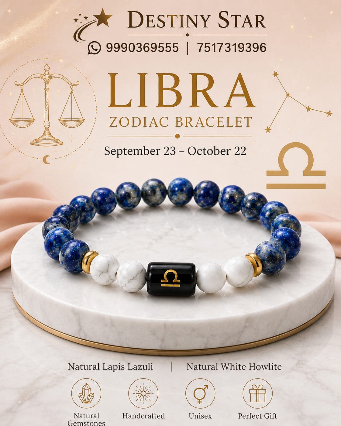 Libra Zodiac Bracelet – Lapis Lazuli and White Howlite By Destiny Star Stores