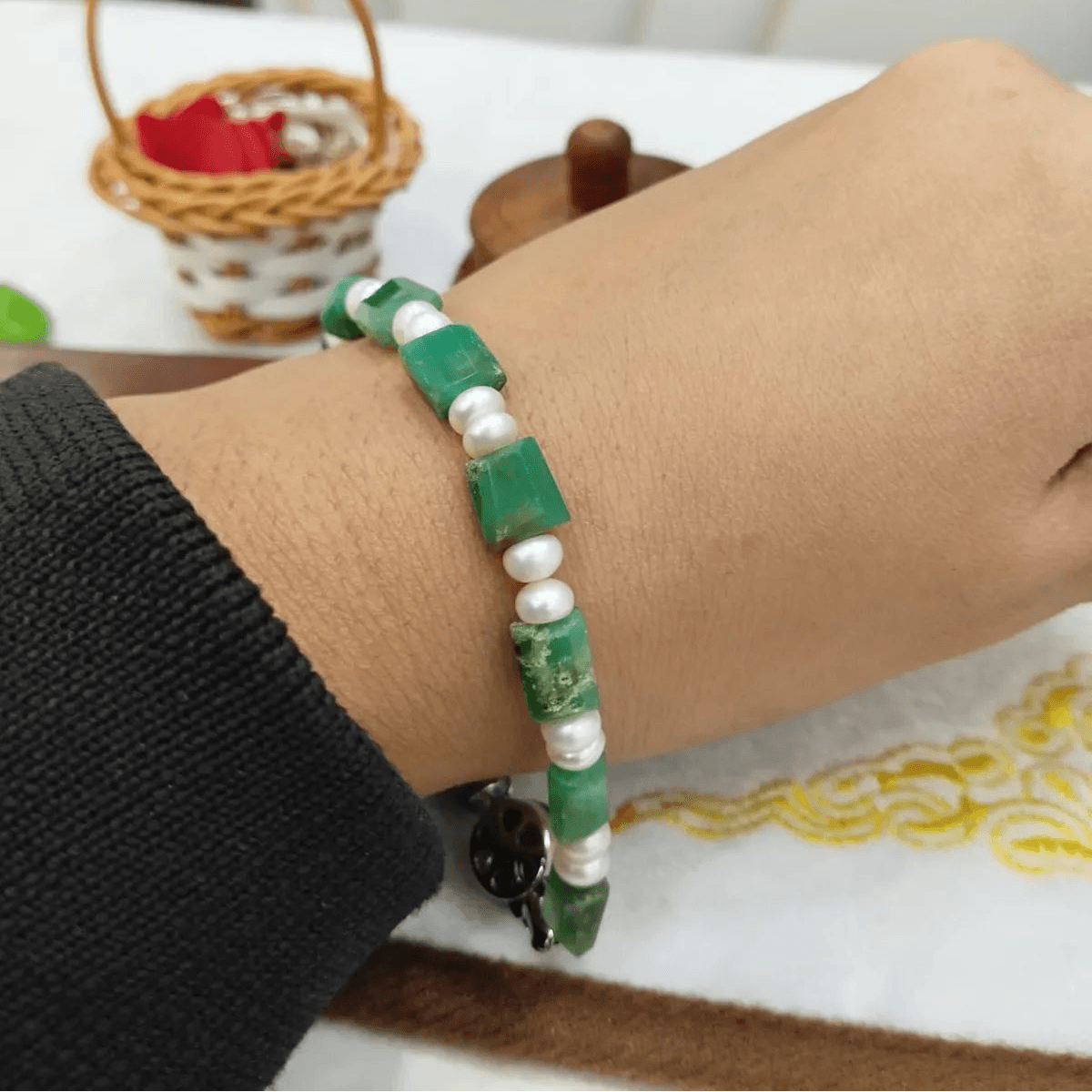 Green & White Premium Semi Emerald With Pearl Bracelet For Men & Women