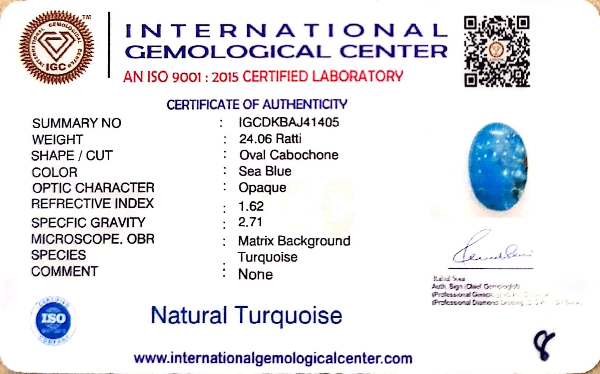 Natural Turquoise | Sea Blue | Oval Cabochone | IGC Certified | Matrix Background Certification: IGC (IGCDKBAJ41405)