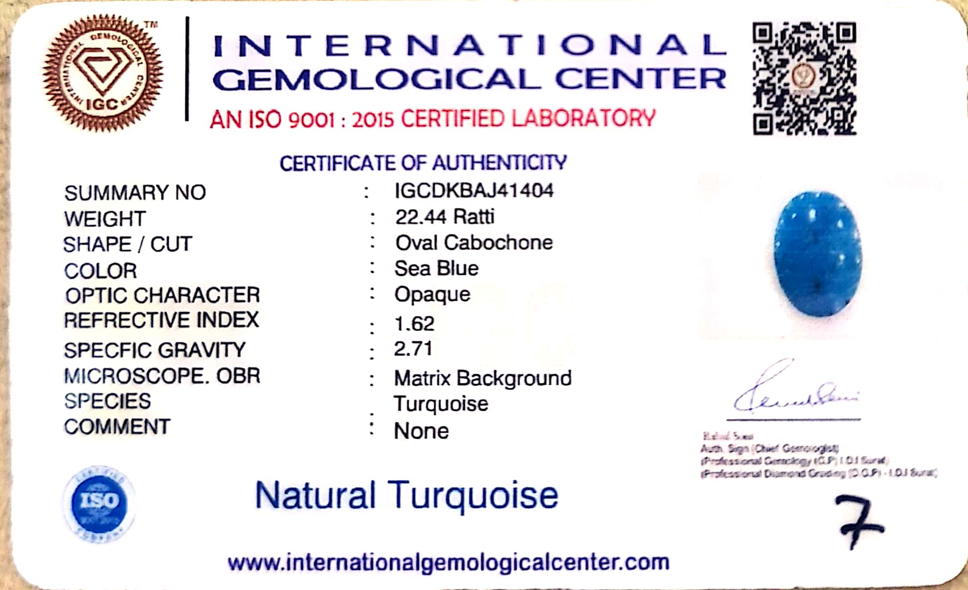 Natural Turquoise | IGC Certified | Oval Cabochon | Sea Blue Certification Number: IGCDKBAJ41404